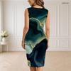 Women Plus Size V Neck Sleeveless Printed Dark Green Navy Bodycon Midi Dress