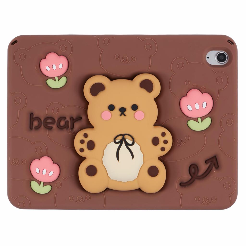 For iPad (2025)/10.9 (2022) Silicone Case Bear Kickstand Tulip Tablet Cover