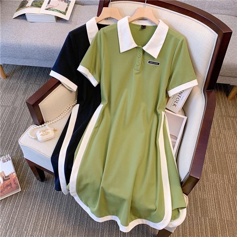 Korte Mouw Zomer Casual Jurk Dames Mode Elegante Zoete Jurken Grote Maat Patchwork A-lijn Feest Kraag Knoppen Slim Fit Kleding