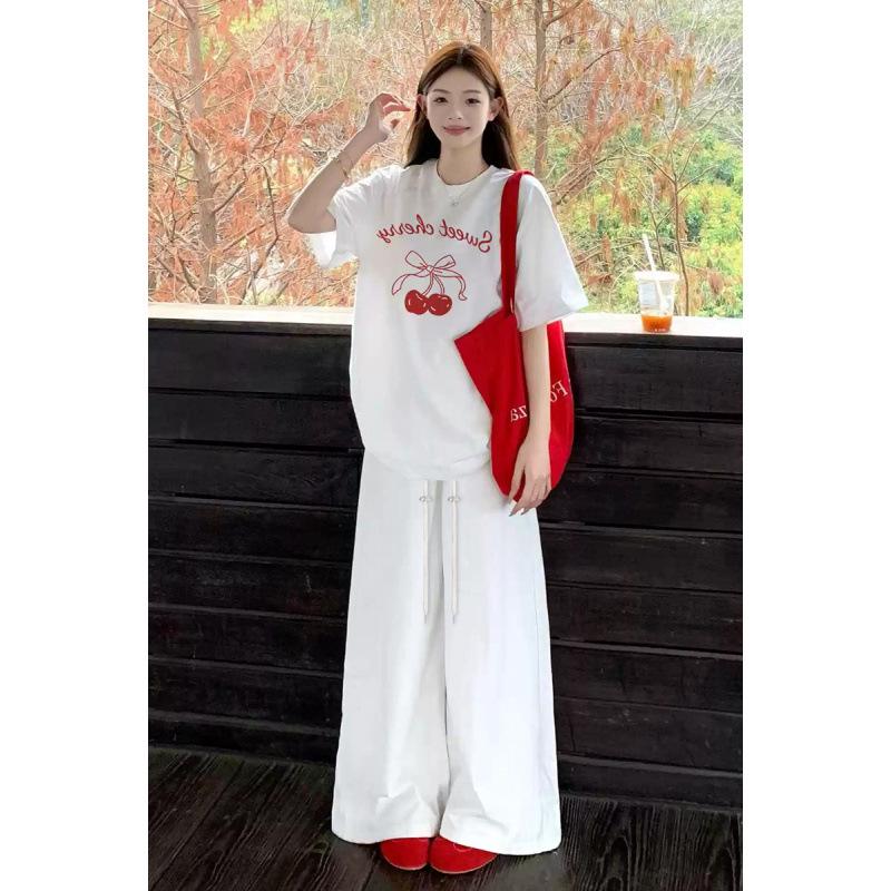 2026 Summer Korean Style Maternity Set: Cherry White T-shirt & Drawstring Wide-Leg Pants M