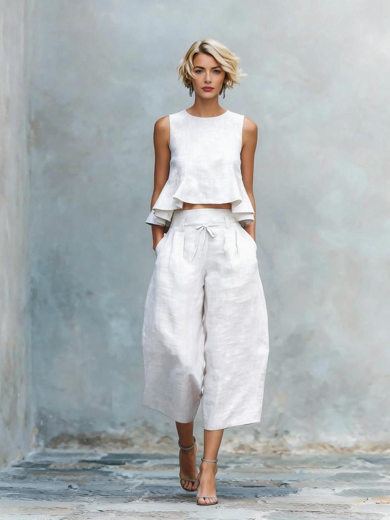 New Arrivals Summer Women's Linen Blend Two-Piece Set with Ruffles