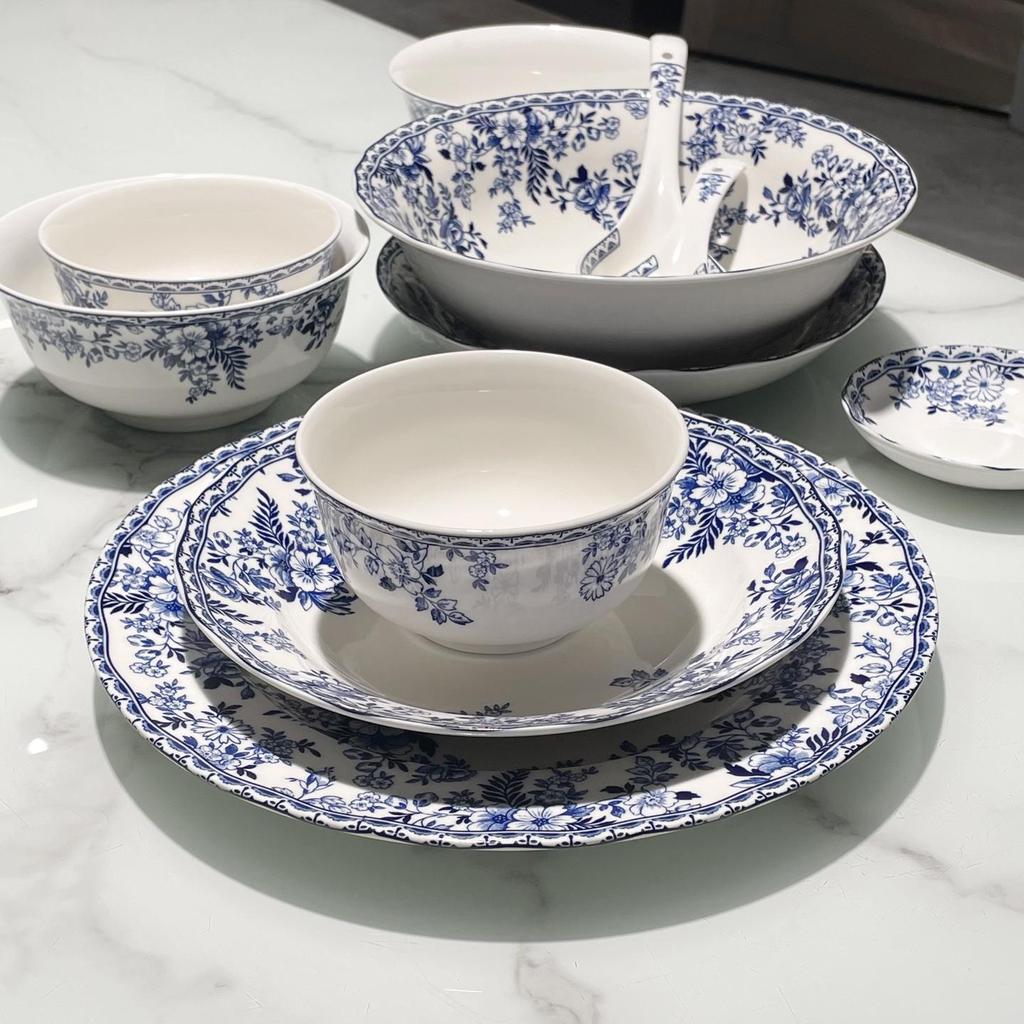 Blue and White Porcelain Pastoral Style Large Noodle Bowl, Microwave-Safe Ceramic Vegetable Dish, Underglaze Tableware