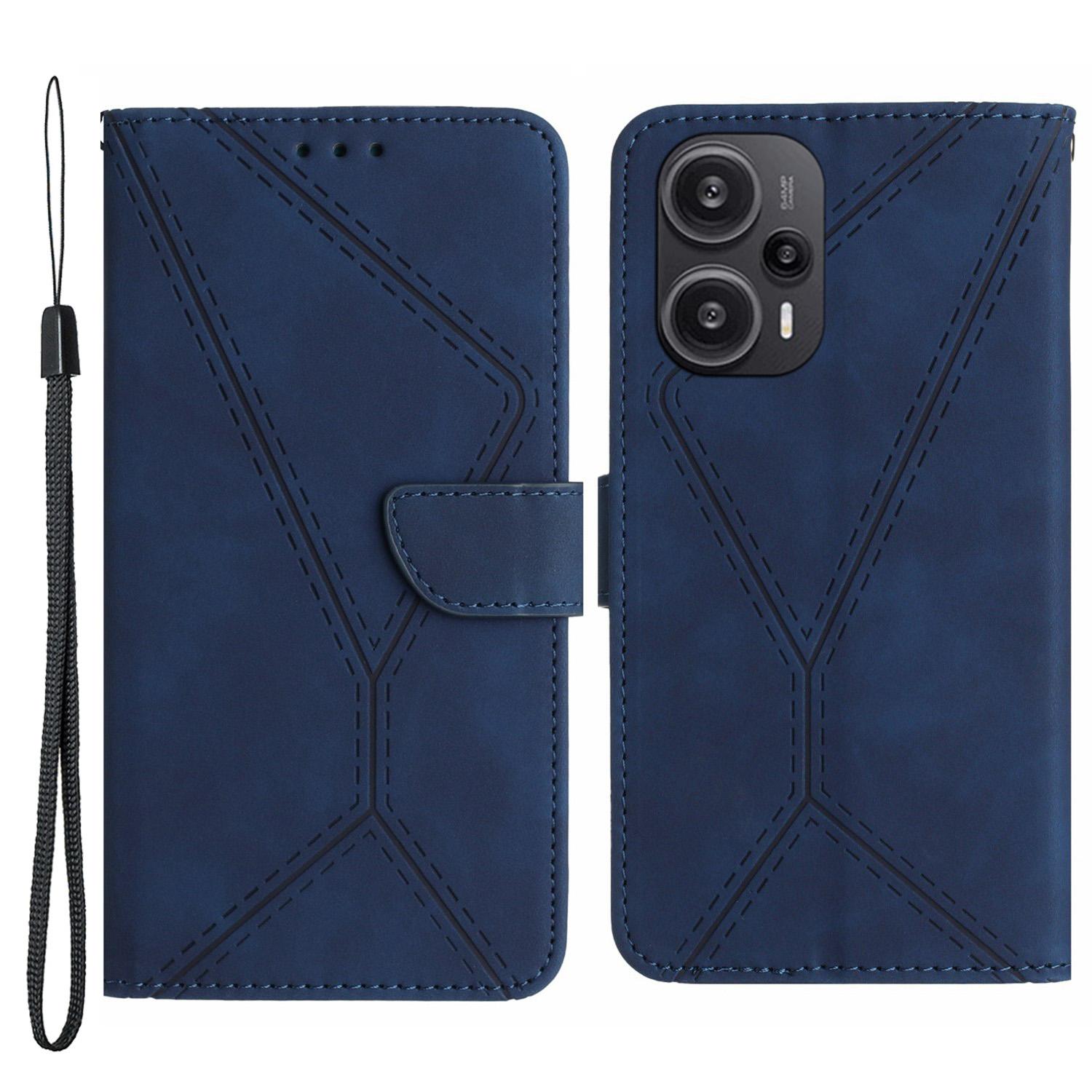 

HT05 PU Leather Flip Cover for Xiaomi Poco F5 5G/Redmi Note 12 Turbo,Stand Wallet Imprinted Line Phone Case Blue