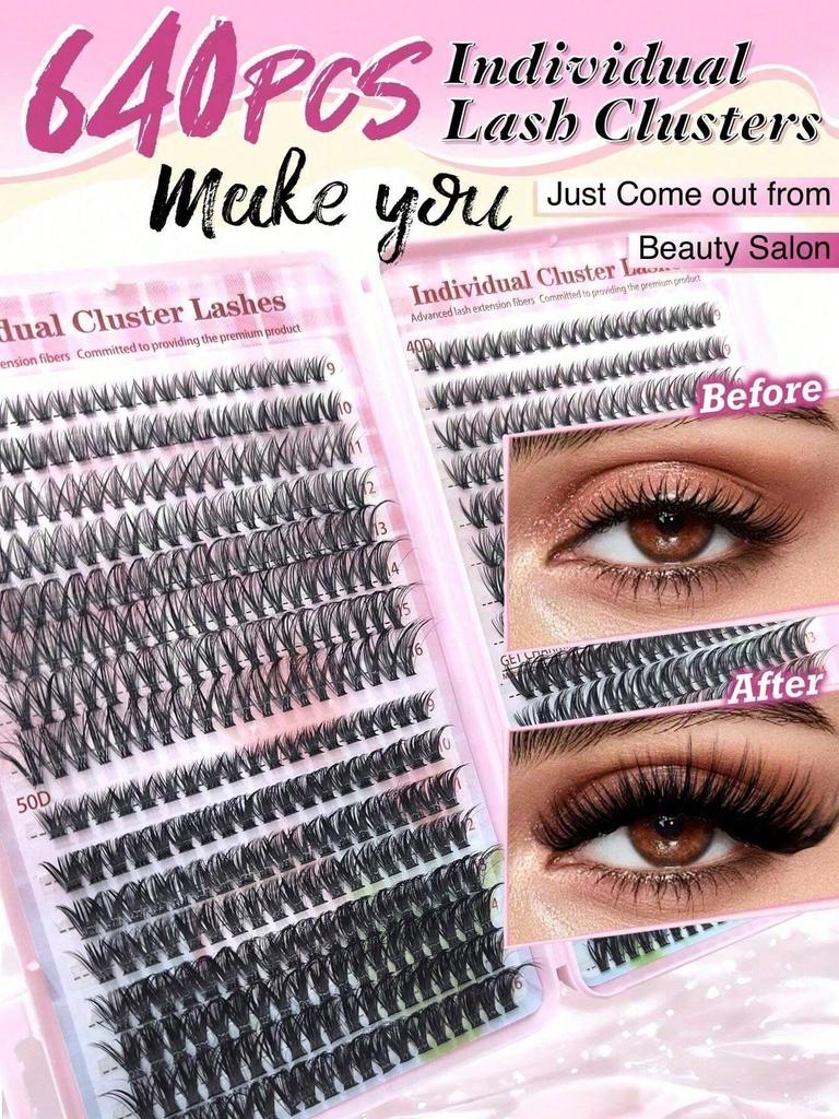640Pcs Lash Clusters Kit 30D+40D+50D D Curl 9-16mm, DIY Eyelash Extension Kit With Lash Brushes, Natural&Thick Wispy