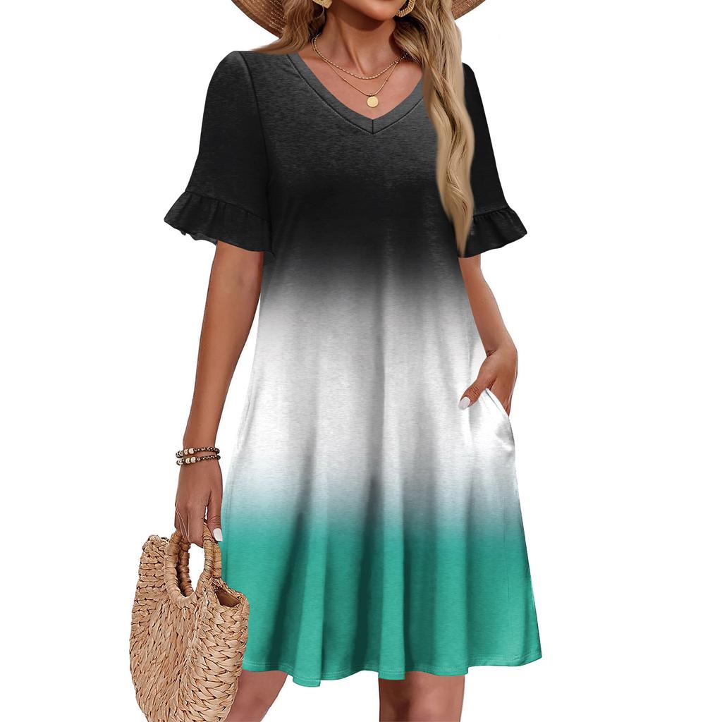 Damen A-Linie Sommerkleid Kurzarm V-Ausschnitt Bedrucktes Kleid Mit Taschen