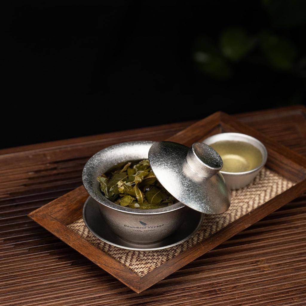 Boundless Voyage Titanium Gaiwan 130ml Chinese Portable Tea Set for with Storage Crystal Silver Ti3144D Double-Walled Teacup, Heat-Resistant,