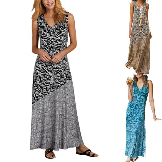Women Loose Dress Vintage Geometric Print V Neck Sleeveless Dress for Beach