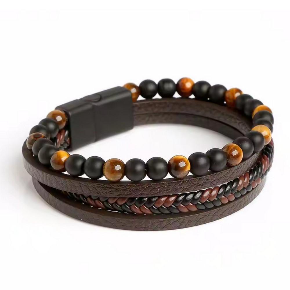 Men's Tiger Eye Stone Leather Bracelet - Multi-layer, Beaded, Fashionable, and Versatile.