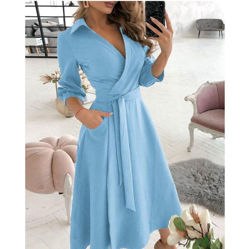 

Spring/Summer Fashion Long sleeve V-neck Print Sheath One piece Dress Women clothing Package Women Dress Sky Blue L