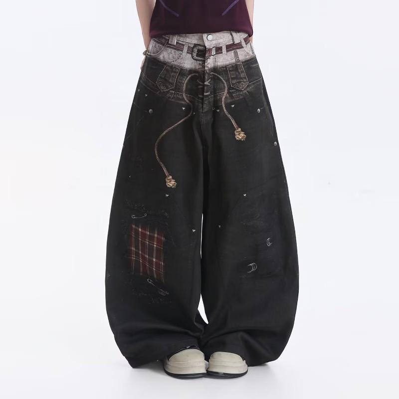 Mens Retro Washed Denim Jeans Loose Straight Leg Trousers Casual Wear