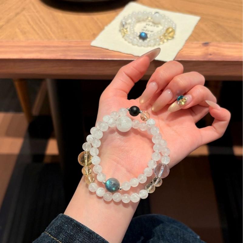 Handmade Natural Crystal Double Strand Bracelet With Snowflake Lemon Yellow Gray Moonlight Beads 6mm Modern Minimalist Unisex