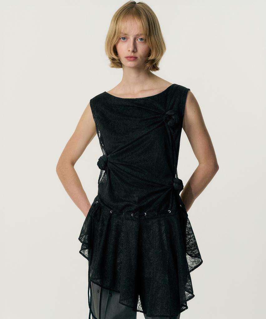 Kimjisu Multi-Knot Lace Jersey Top_Black