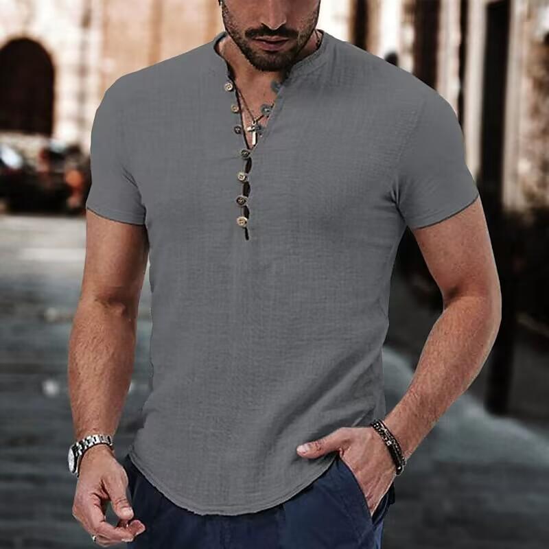 Popular Men's Linen Casual Shirt Plain V-neck Summer Casual Clothing