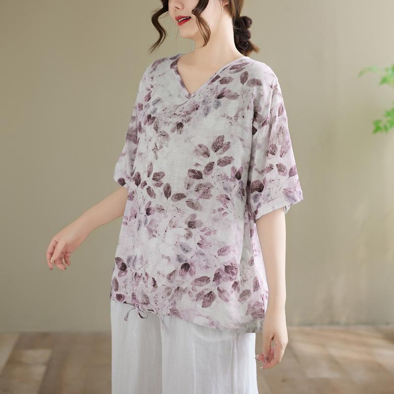 Summer Printed Short-sleeved T-shirt V-neck Cotton and Linen Loose Large-size Women's Top T-shirt Cotton and Linen Shirt