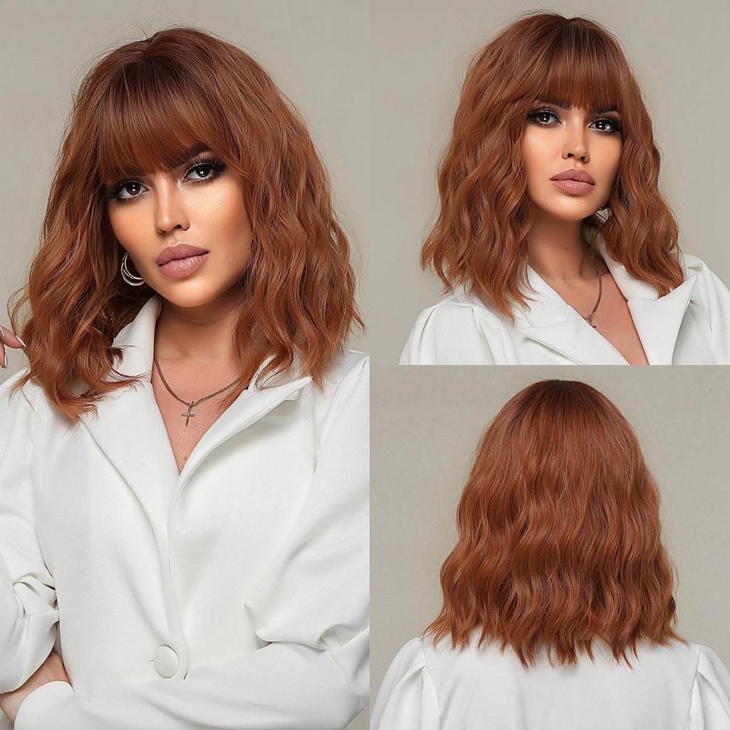 ALAN EATON Cute Asia Wigs Red Brwon Loose Curly Hair Synthetic Bob Wig with Bangs Lolita Cosplay Party Daily Wigs for Women
