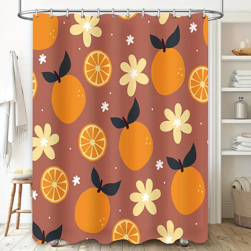 Orange Floral Print Shower Curtain Rustic Farmhouse Decor for Bathrooms Water-Resistant Fabric with Plastic Hooks included (180x