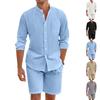 Men Casual Summer Long Sleeve Button Shirt And Linen Shorts Two Piece Set