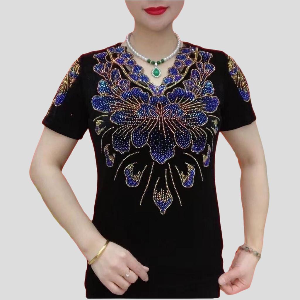 Women's V-neck Short Sleeve T-shirt Rhinestone Print High Stretch Slim-fit T-shirt
