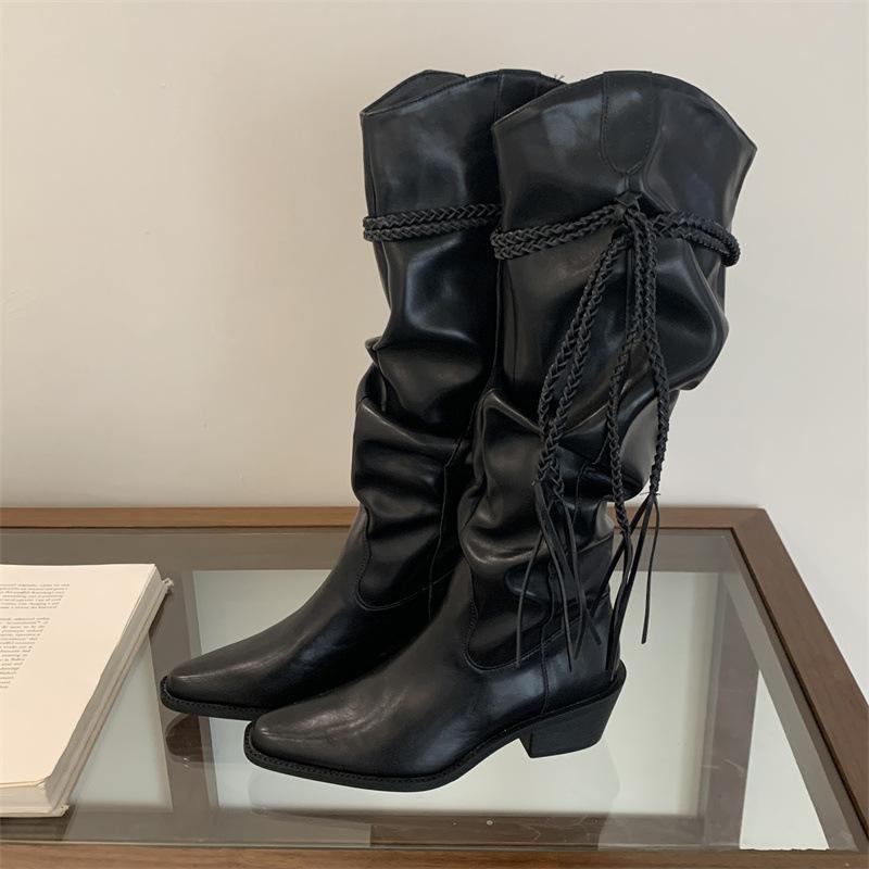 2025 autumn and winter new long western cowboy boots white fashionable hemp rope fringed strap thick heel pointed knight boots