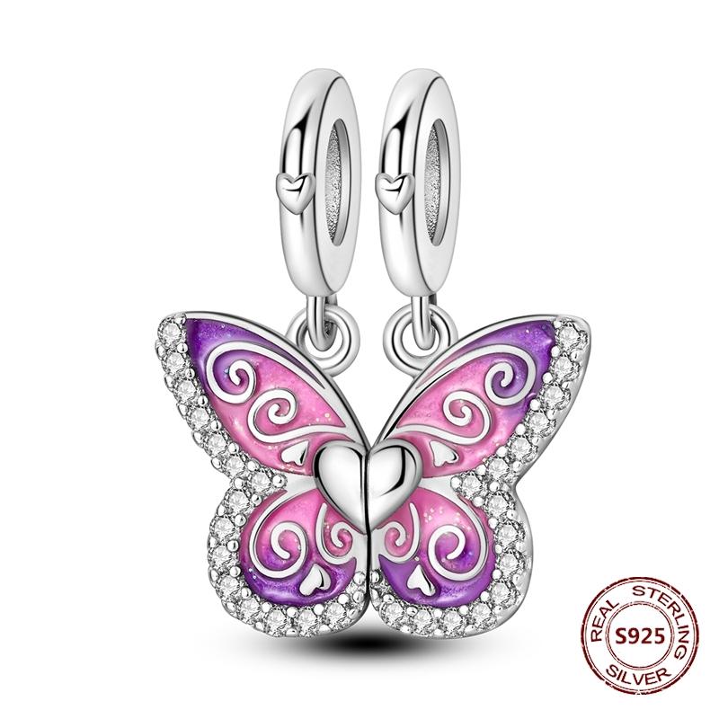 Butterfly Charm copper Authentic Pink Blue Zircon Fly Butterflies Safety Chain Clip Charm Bead Charms Compatible With Bracelets Do It Yourself Jewelle