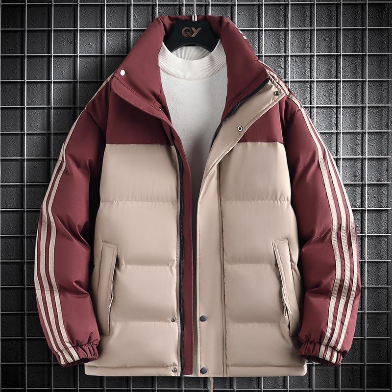 

Three bars contrasting color cotton-padded clothes for men and women, winter new thickened warm stand-up collar windproof down cotton jacket 4XL