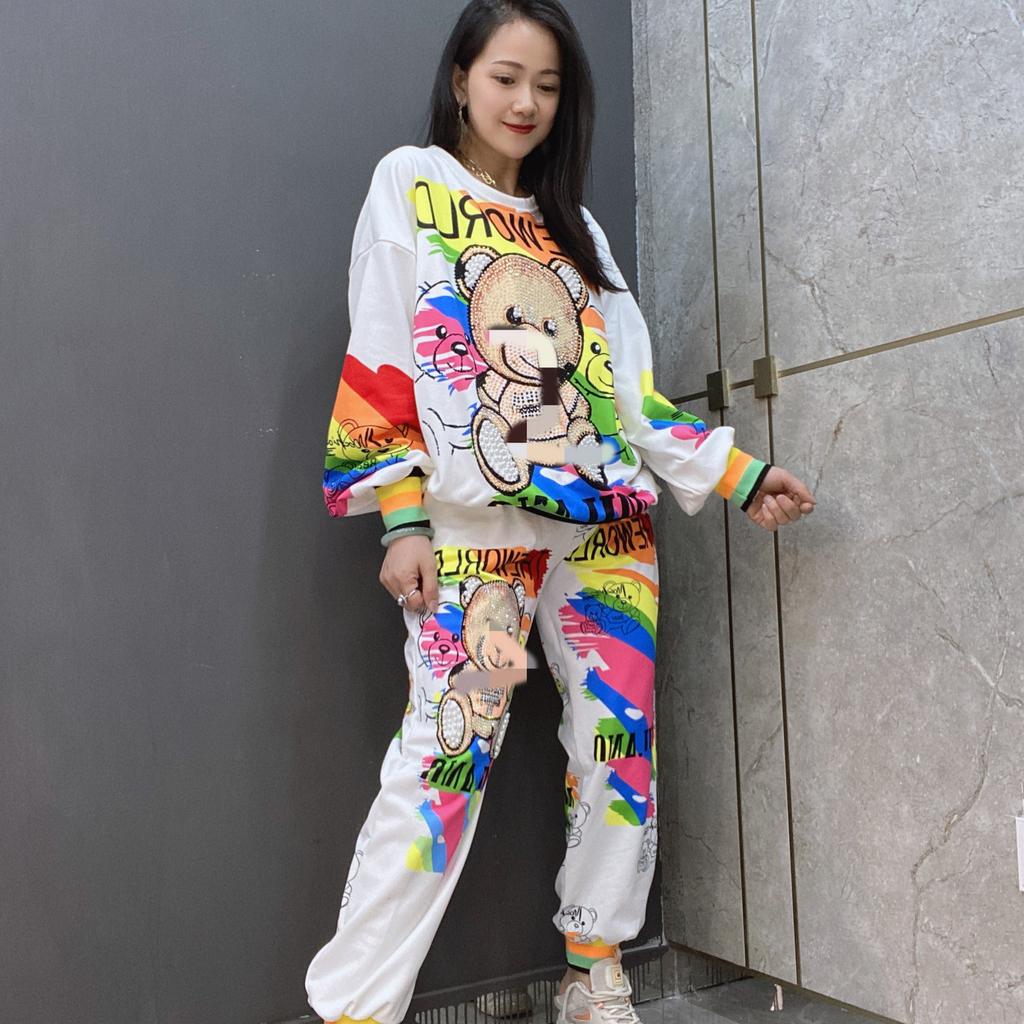 Colorful Diamonds Cartoon Bear Two Piece Sets Womens Outifits Autumn Casual White Tracksuit Tops and Long Pants Suits