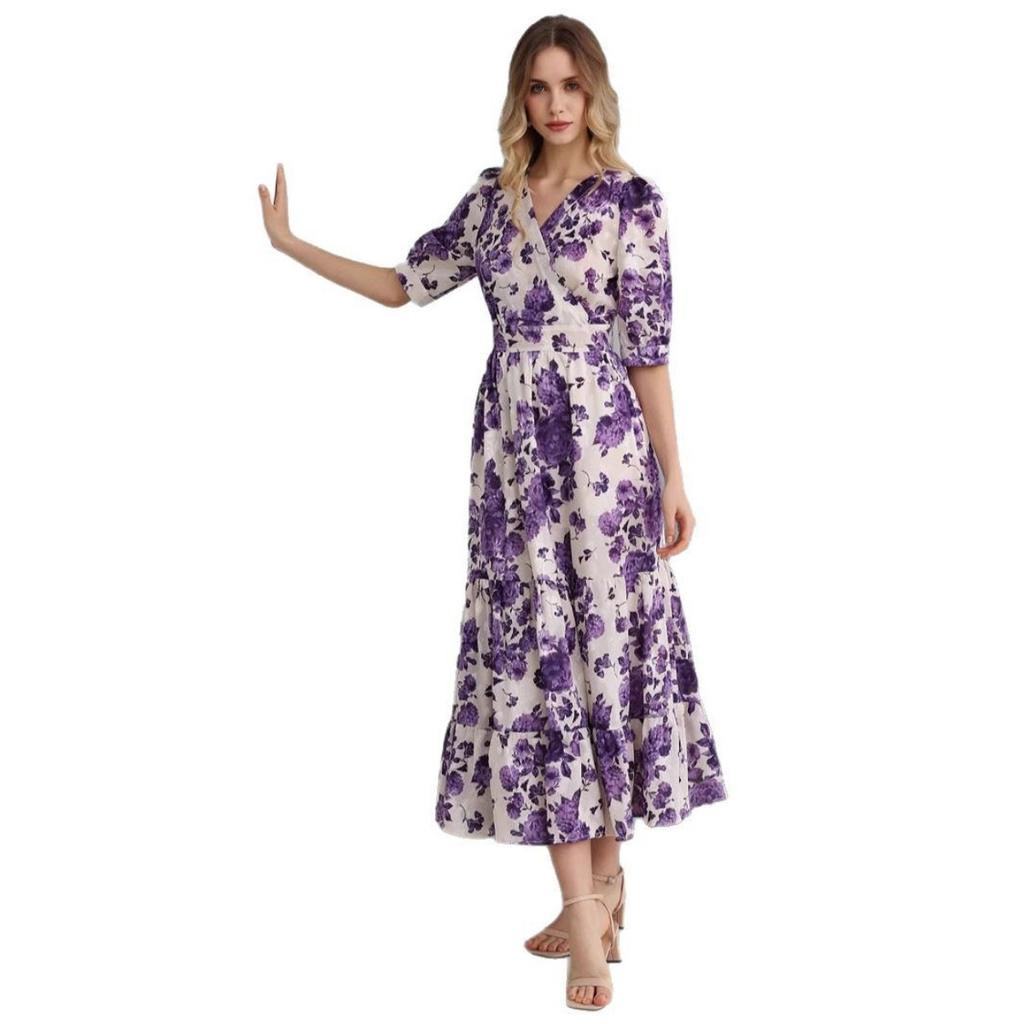 New Spring Summer Women's French Style Floral Print V-Neck Waist Cinched Dress for European and American