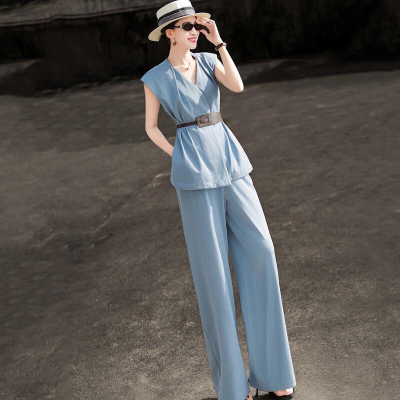 Lanseer Tencel V-Neck Top & Wide-Leg Pants Set M синий