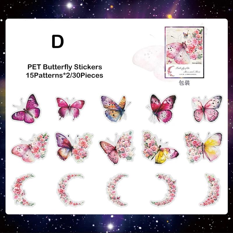 Journamm 30pcs/pack PET Butterfly Stickers DIY Scrapbooking Collage Stationery Decor Junk Journal Aesthetics Waterproof Stickers