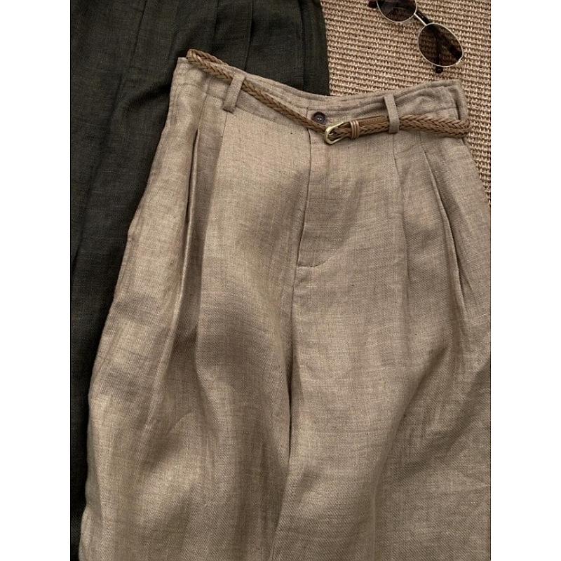 Old Money Style Khaki Linen Women s High-Waisted Wide-Leg Pants, Summer 2025 Slimming Relaxed Fit. L хаки