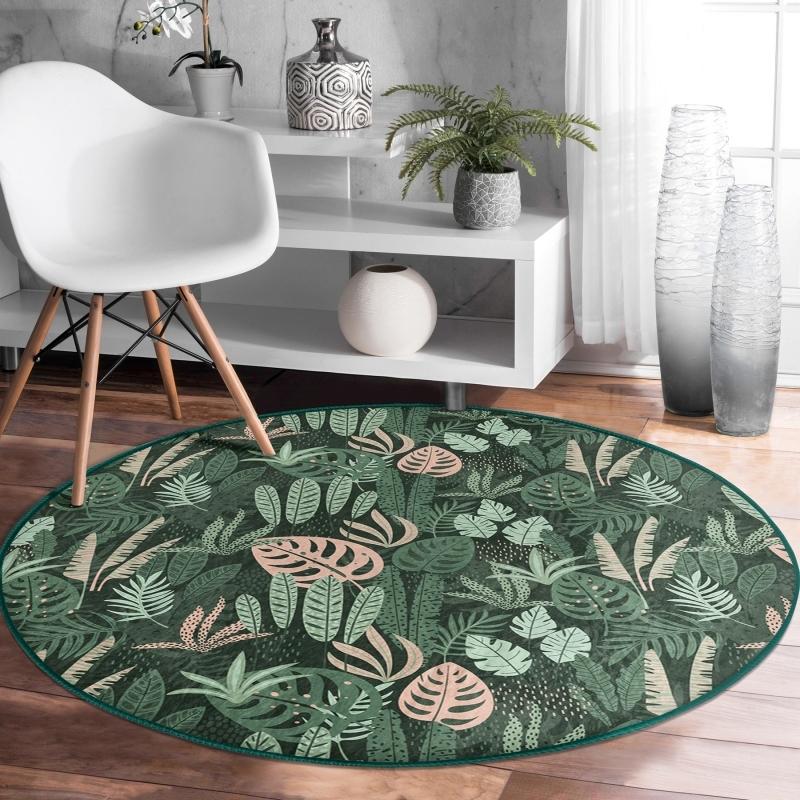 

Digital Printed Modern Green Living Room and Living Room Round Carpet With Washable Non-Slip Base With Colorful Floral Pattern On Black Floor