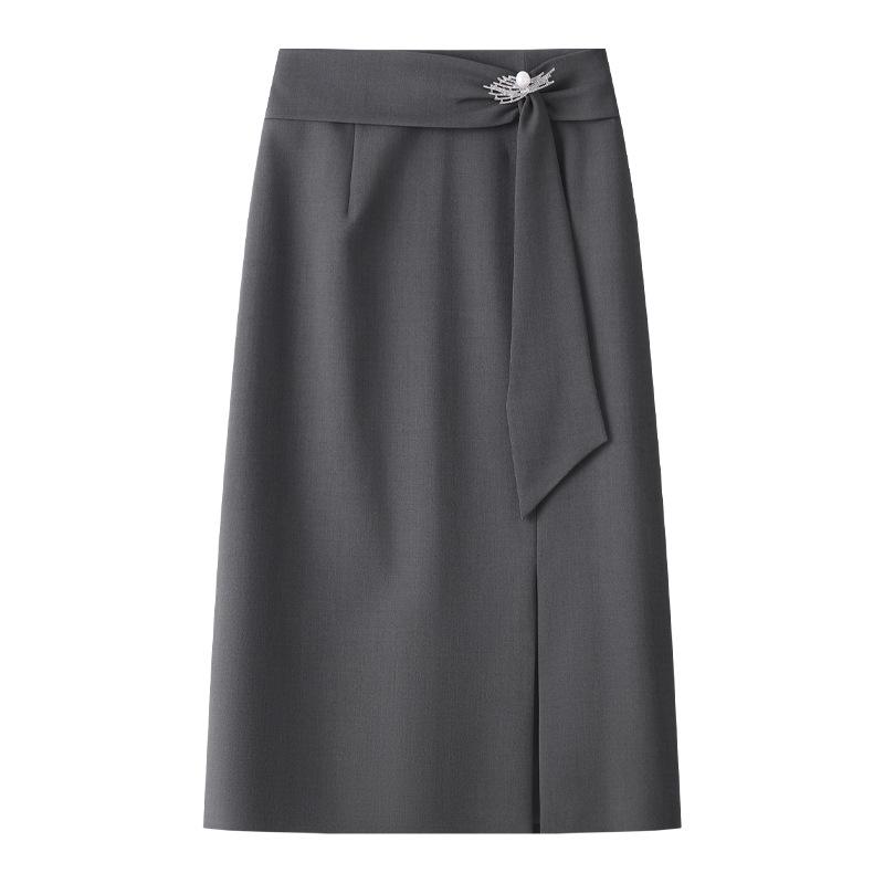 

2025 Spring-Autumn Women s Gray High-Waist Midi Slit Skirt 3XL серый