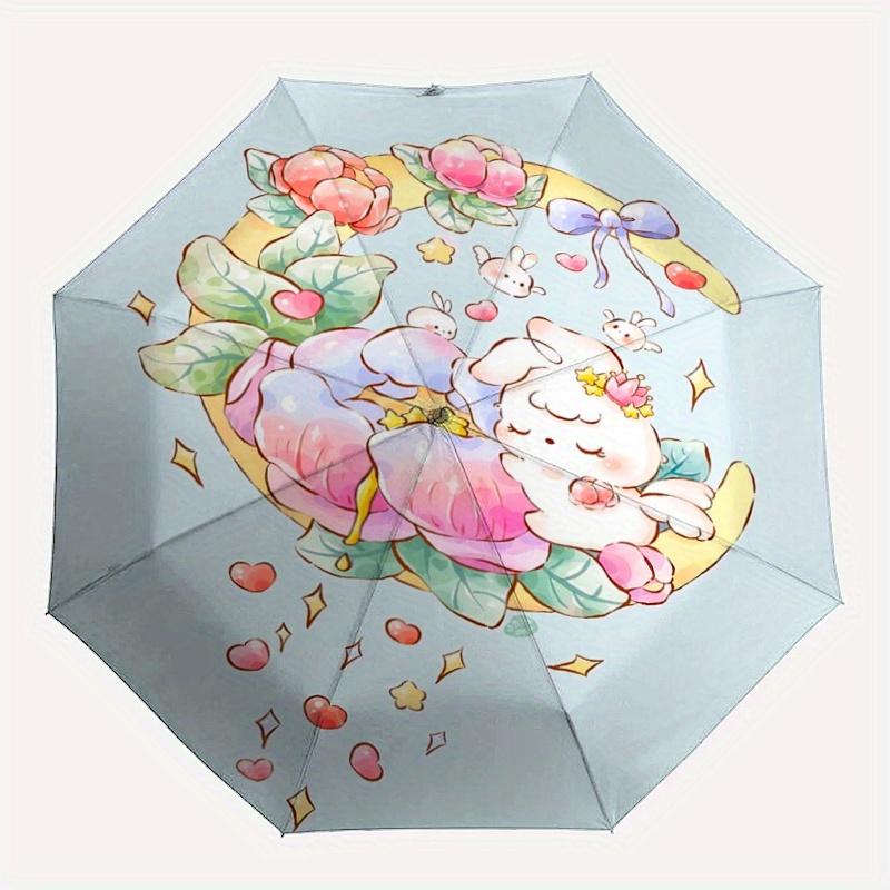 1pc Beautiful Bunny and Flowers Automatic Opening and Closing Umbrella, Lightweight 3-Fold, With Cute Cartoon Characters, Suitable for Home, Outd