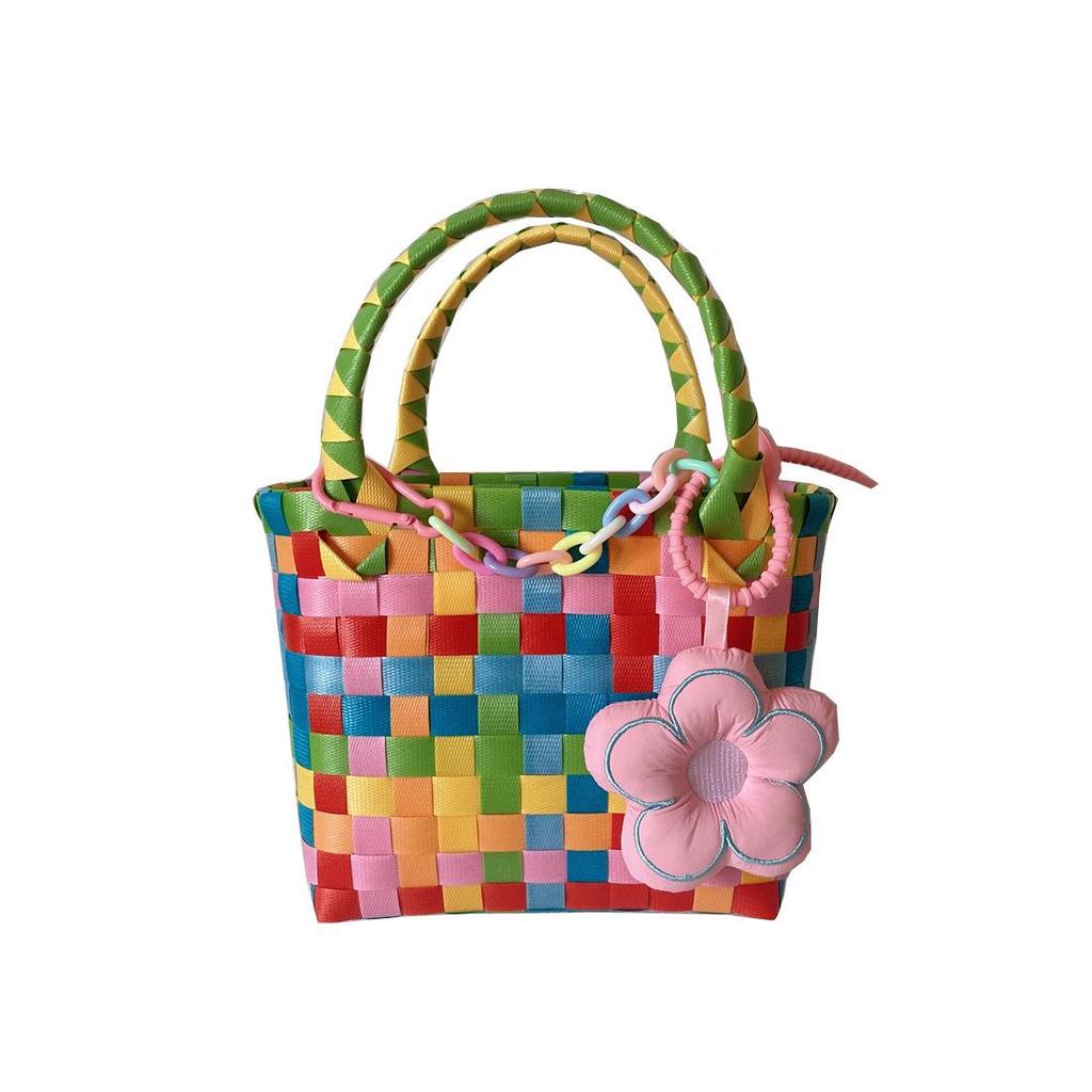 Γυναικεία Υφαντή Καλοκαιρινή Τσάντα Παραλίας: Απλή Πλαστική Τσάντα Χειρός, Μικρός Τετράγωνος Σχεδιασμός για Ψώνια και Παιδιά.