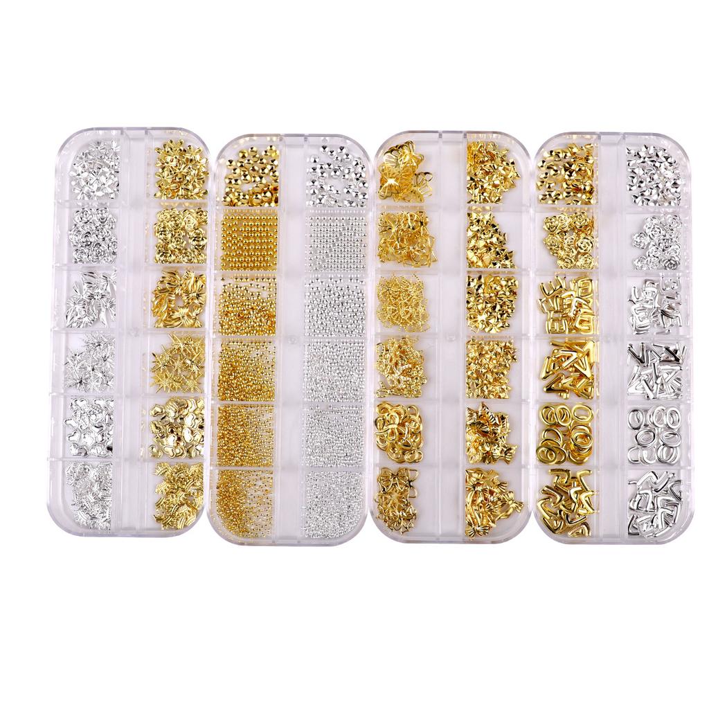 Japanese Bow Strip Box, Gold And Silver Nail Art Rivets, Half A Piece, Round Beads, Small Rice Grains, Butterfly Metal Nail Patch.