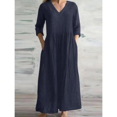 Women Cotton Linen Loose Long Maxi Dress Casual V Neck Half Sleeves Simple Style Spring Autumn Vestido Lady Dress