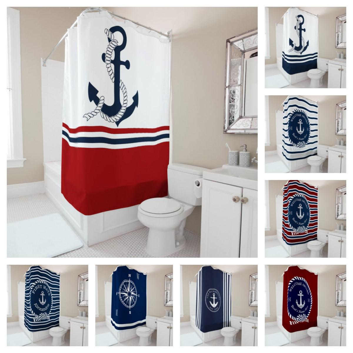 Monika Chen Custom Name Nautical Shower Curtain Anchor Design Waterproof Fabric Bathroom Decor Ocean Themed Bath Curtain