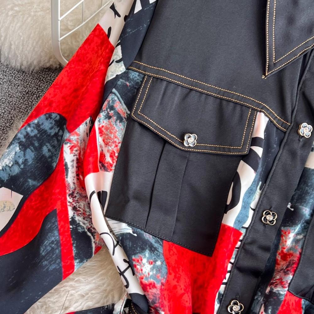 Sukienka koszulowa Vintage Autumn Lapel Collar Wysokiej jakości damska jednorzędowa czerwona kwiatowa z nadrukiem Patchwork sznurowany pasek luźne ubrania