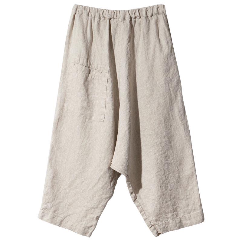 New Spring/Summer Textured Linen-Cotton Cropped Wide-Leg Pants with Elastic Waist and Pockets.