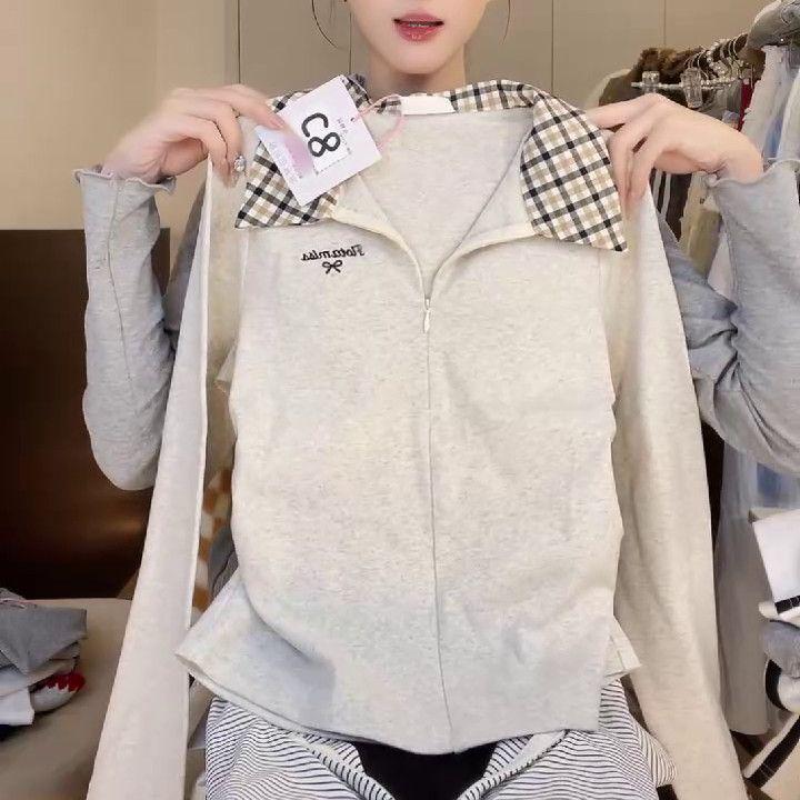 Women's Korean-Style Lapel Long Sleeve T-Shirt with Patchwork, New Spring/Autumn Release, Faux Two-Piece Design
