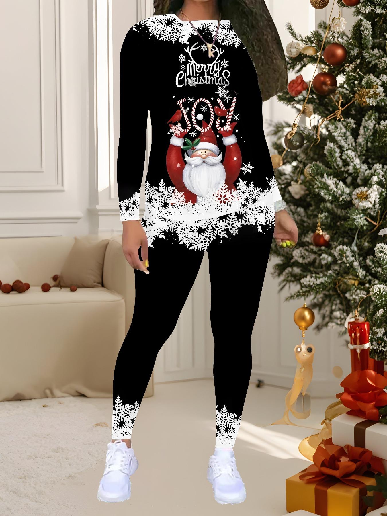 

Женский рождественский костюм-двойка с принтом: Топ с длинным рукавом и круглым вырезом и брюки, праздничный лимитированный повседневный костюм для вечеринки в подарок XXL
