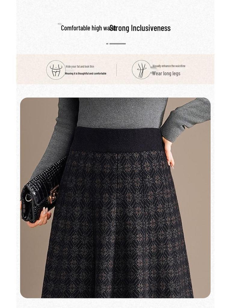 2025 Winter Women's High Waist Knit Pleated Wool Midi Skirt