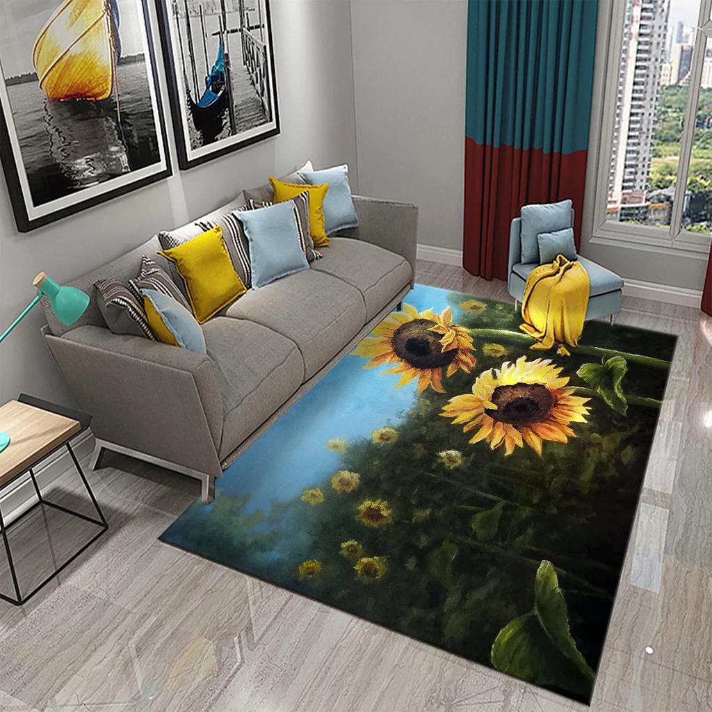3D Oil Painting Sunflower Carpet for Living Dining Room Bedroom Kitchen Van Gogh Sunflower Nursery Rug Floor Non Slip Area Rug