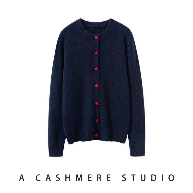 Heart Button Cashmere Round Neck Knit Cardigan - Autumn/Winter Collection