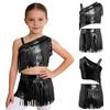 Children’s Sparkly Metallic Fringe Asymmetric Top and Stretchy Waist Shorts Set for Jazz Dance Stage Show Theme Party