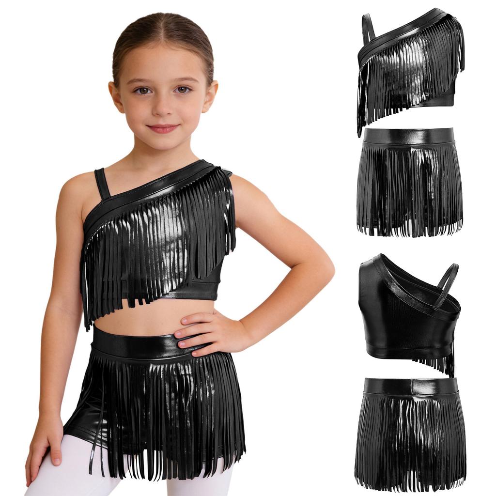 Children’s Sparkly Metallic Fringe Asymmetric Top and Stretchy Waist Shorts Set for Jazz Dance Stage Show Theme Party