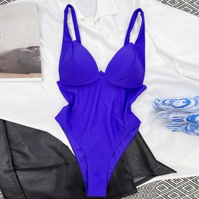 Monokini Feminino Cor Sólida Decote V Profundo Ajustado Acolchoado Fato de Banho Feminino para Férias