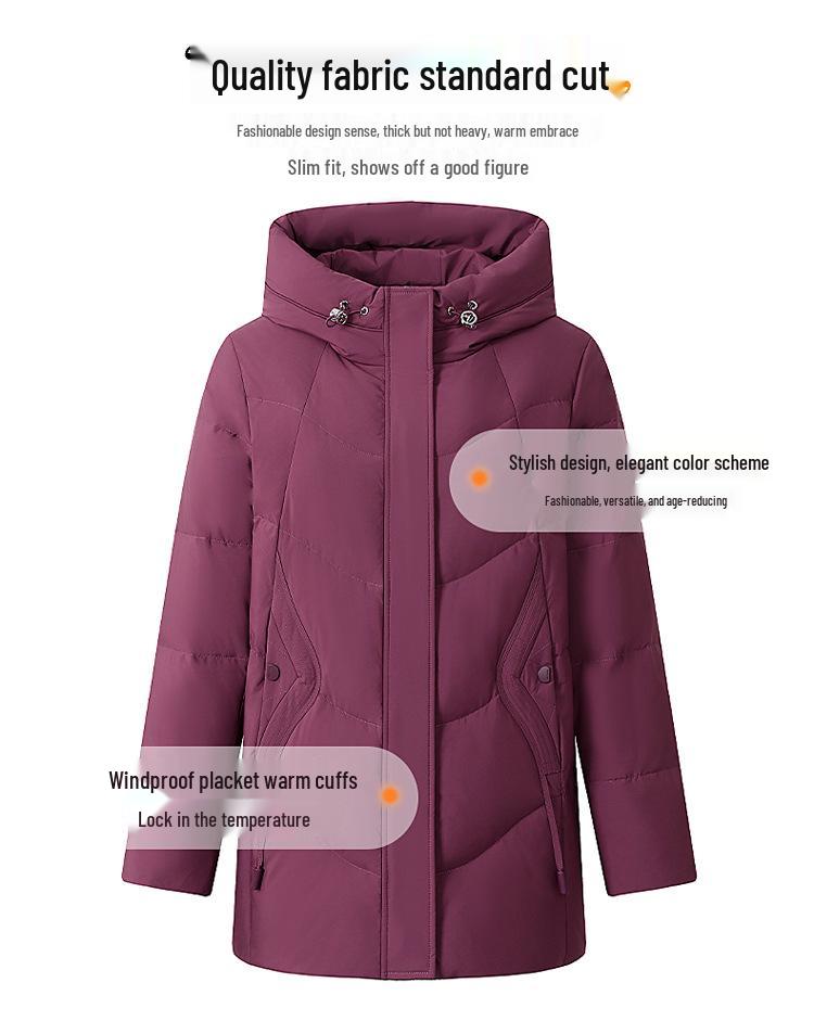 Women's Mid-Length Winter Hooded Down Coat for Middle-Aged and Elderly - Thick, Warm, and Cozy.