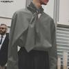 INCERUN Oversized Men Tie Up Neck Long Sleeve Solid Casual Loose Shirts