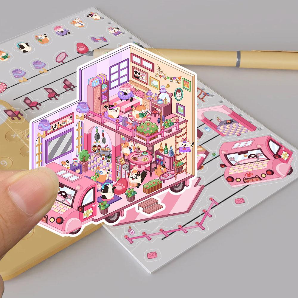 2PCS Cat RV Stickers Nostalgia Harajuku Laptop Luggage Decompression PET Material Art Picture Harajuku Stacking DIY Sticker